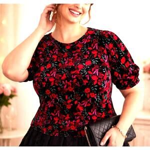 Draper James Red & Pink Floral Velvet Puff Sleeve Top XXL– Galentines/Valentines